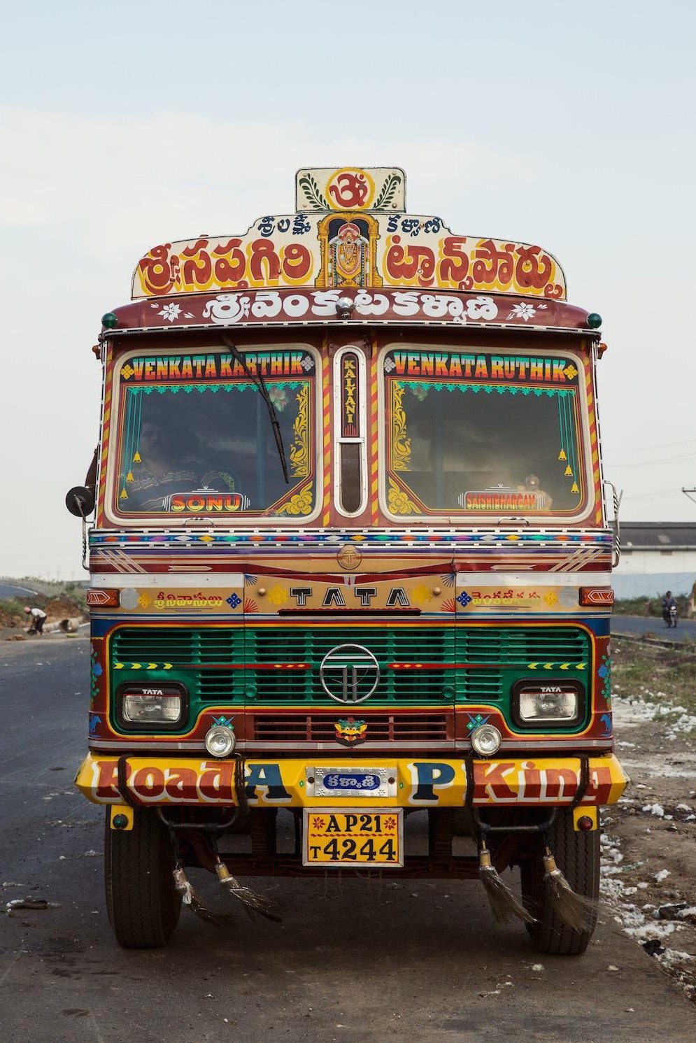 Front of a hand-painted Indian goods truck with a decorated cabin